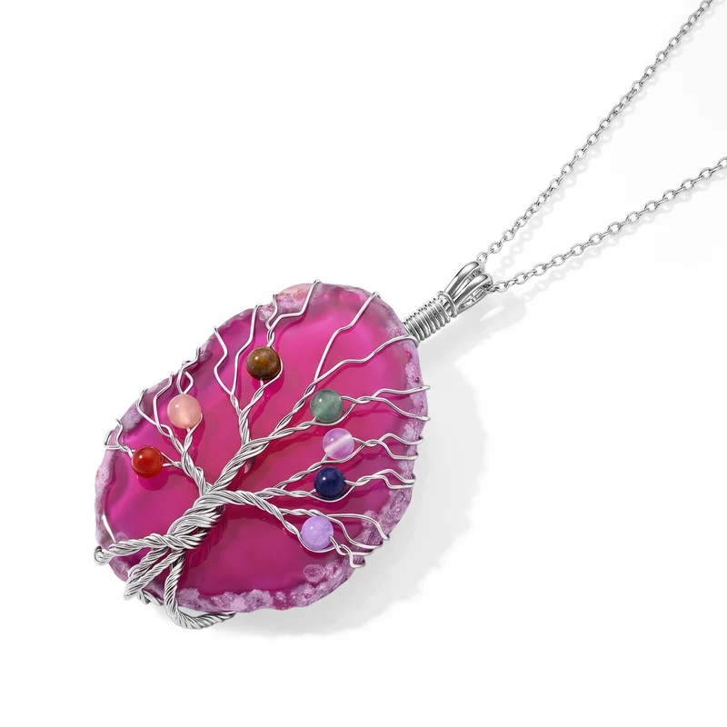 Lebensbaum Anhänger mit Kette, Roter Achat und Mehrfarbige Edelsteine, ca. 50 cm, ca. 76,00 ct