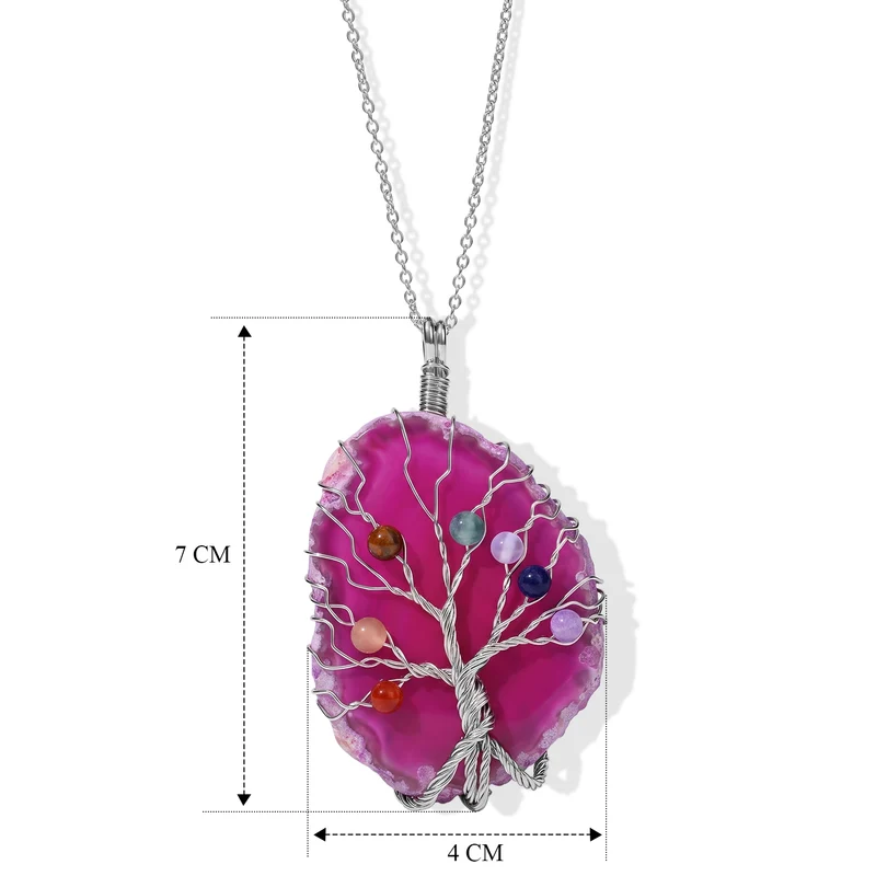 Lebensbaum Anhänger mit Kette, Roter Achat und Mehrfarbige Edelsteine, ca. 50 cm, ca. 76,00 ct