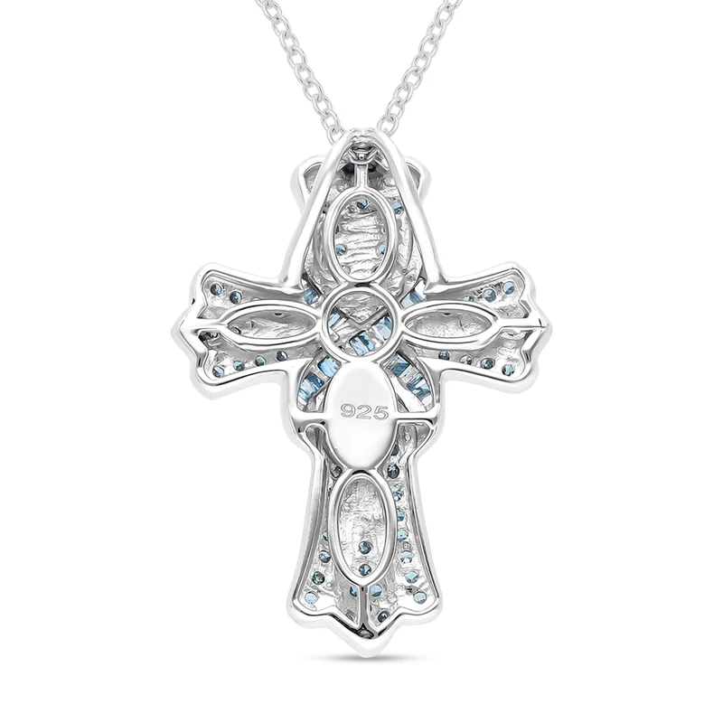 Blauer Diamant-Kreuz-Anhänger mit Kette, ca. 40+5 cm, 925 Silber platiniert ca. 0.50 ct