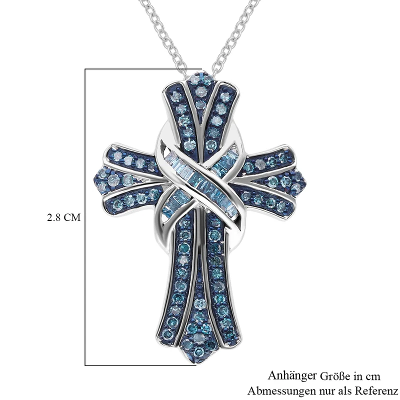 Blauer Diamant-Kreuz-Anhänger mit Kette, ca. 40+5 cm, 925 Silber platiniert ca. 0.50 ct