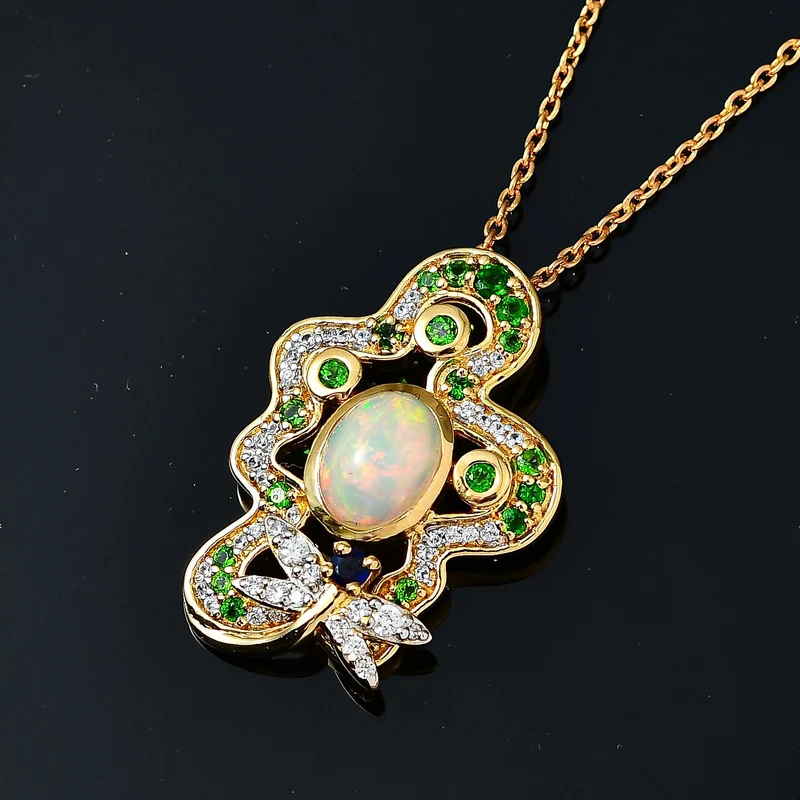 AA Natürlicher, äthiopischer Welo Opal, Kanchanaburi Blauer Saphir Schmuckset 925 Silber Gelbgold Vermeil ca. 2,82 ct.
