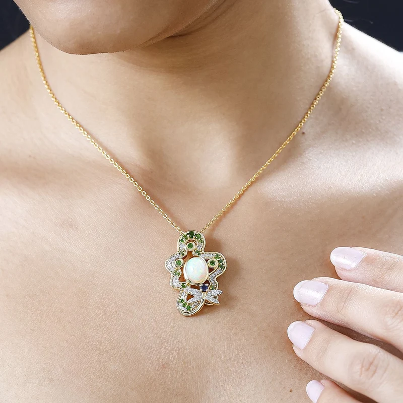 AA Natürlicher, äthiopischer Welo Opal, Kanchanaburi Blauer Saphir Schmuckset 925 Silber Gelbgold Vermeil ca. 2,82 ct.