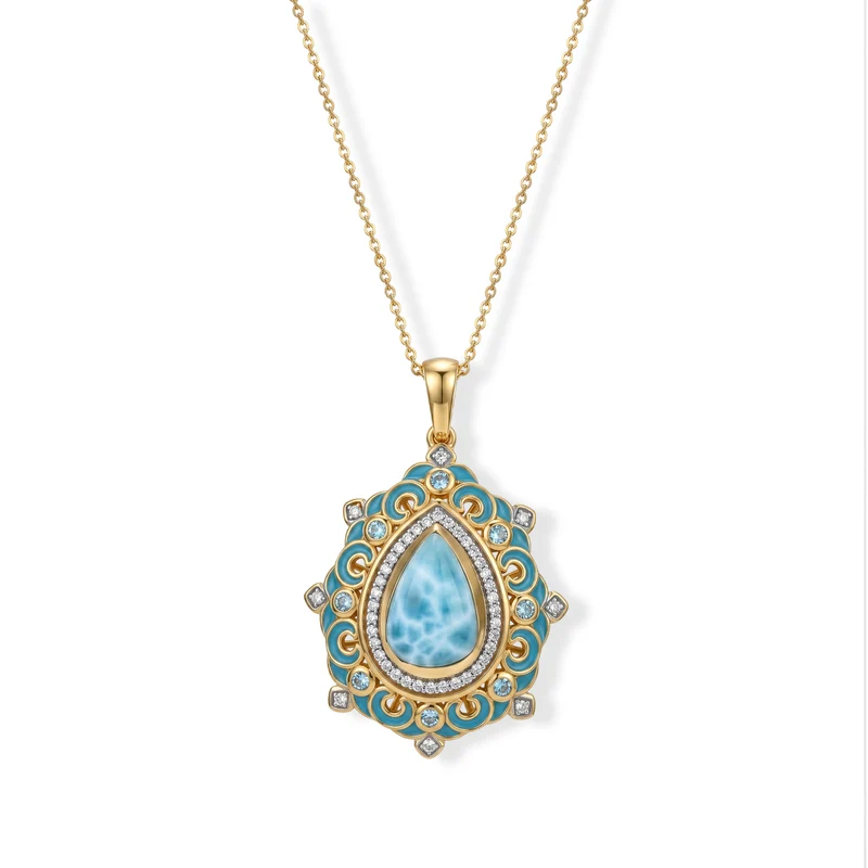 D'Joy AAA Larimar, Schweizer Blautopas Schmuckset ca. 50 cm 925 Silber 750 Gelbgold vermeil ca. 4,85 ct.