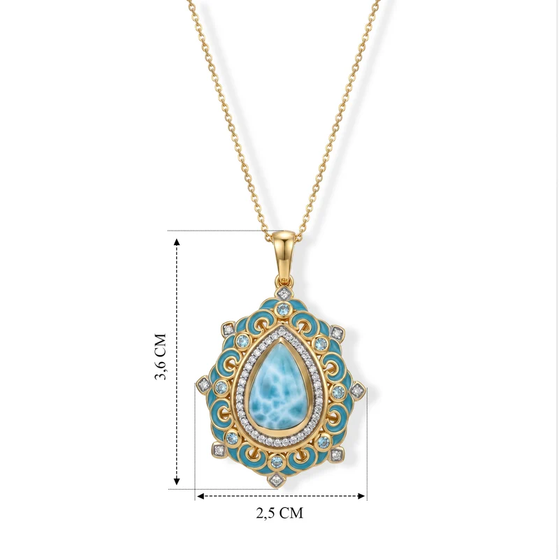 D'Joy AAA Larimar, Schweizer Blautopas Schmuckset ca. 50 cm 925 Silber 750 Gelbgold vermeil ca. 4,85 ct.