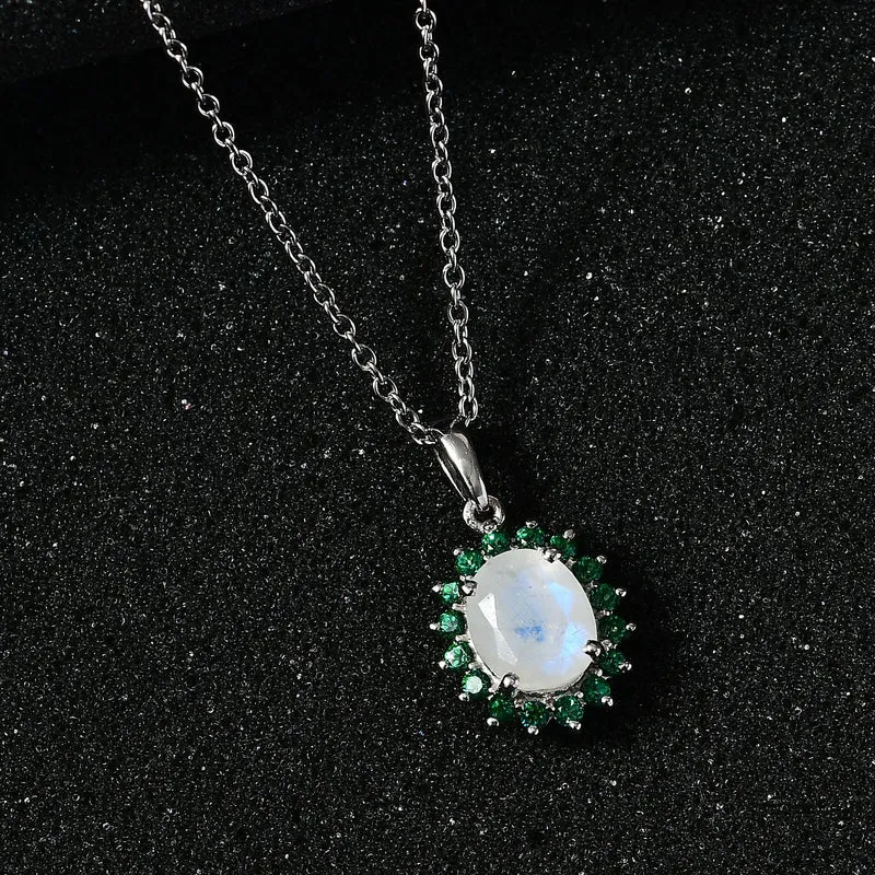 AA Regenbogen Mondstein, Signity Regenwald Topas Schmuckset 925 Silber platiniert und Edelstahl platiniert ca. 3.20 ct