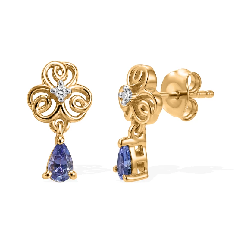 D'Joy AA Tansanit und Diamant Ohrringe, 925 Silber 750 Gelbgold Vermeil - 0,45 ct.