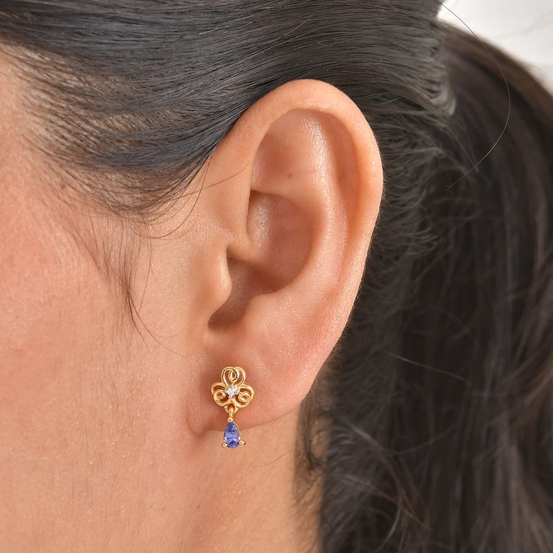 D'Joy AA Tansanit und Diamant Ohrringe, 925 Silber 750 Gelbgold Vermeil - 0,45 ct.