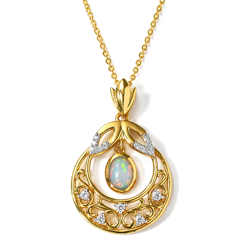 D'Joy AA Natürlicher, äthiopischer Welo Opal, Weißer Zirkon Schmuckset ca. 50 cm 925 Silber 585 Vergoldet ca. 0.71 ct