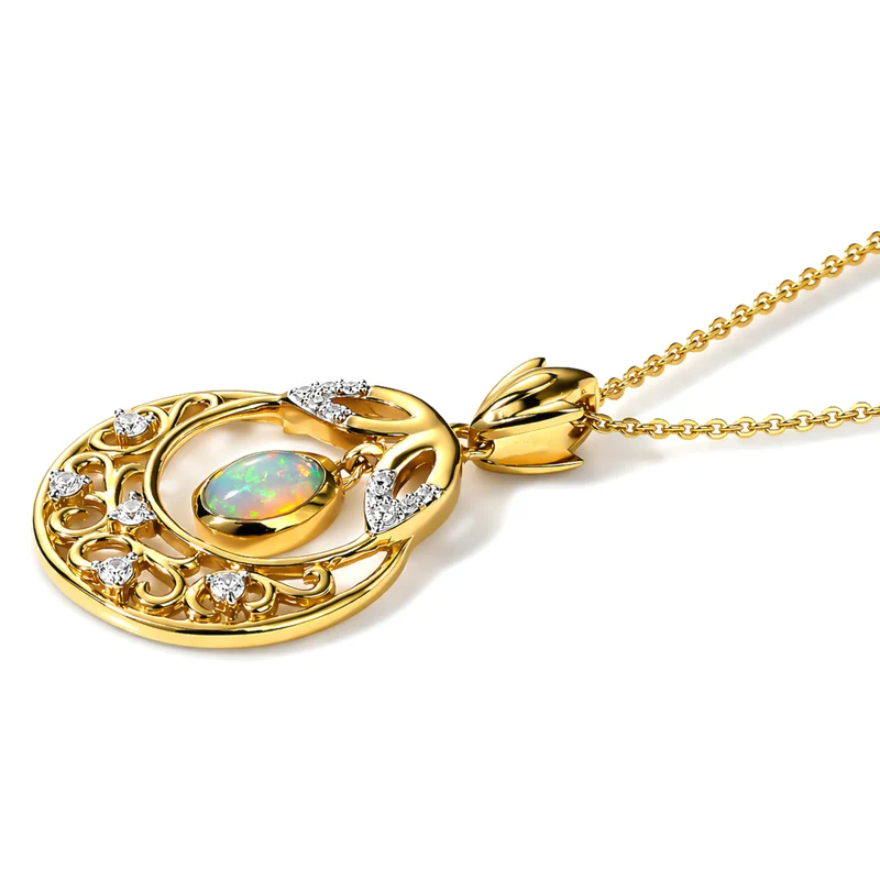 D'Joy AA Natürlicher, äthiopischer Welo Opal, Weißer Zirkon Schmuckset ca. 50 cm 925 Silber 585 Vergoldet ca. 0.71 ct