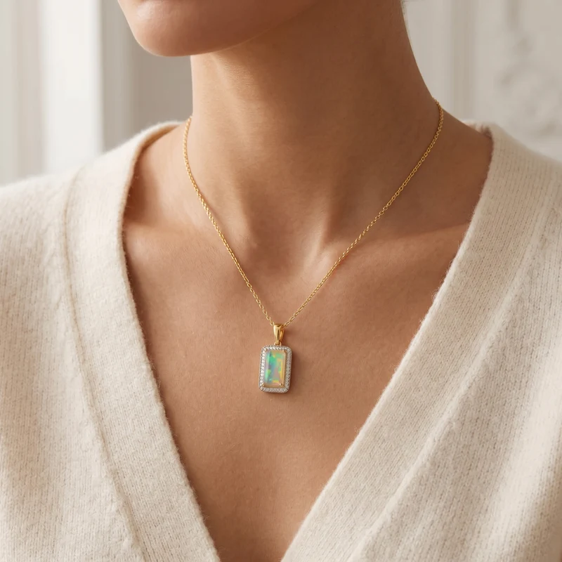 D'Joy AAA Natürlicher, äthiopischer Welo Opal, Weißer Diamant Anhänger mit Kette, ca. 50 cm 925 Silber 750 Gelbgold vermeil ca. 2.08 ct