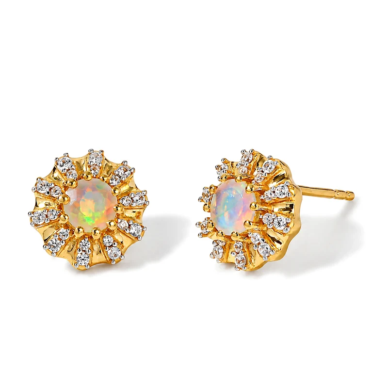 D'Joy AA Natürlicher, äthiopischer Welo Opal, Weißer Zirkon Ohrringe 925 Silber 585 Vergoldet ca. 1.13 ct