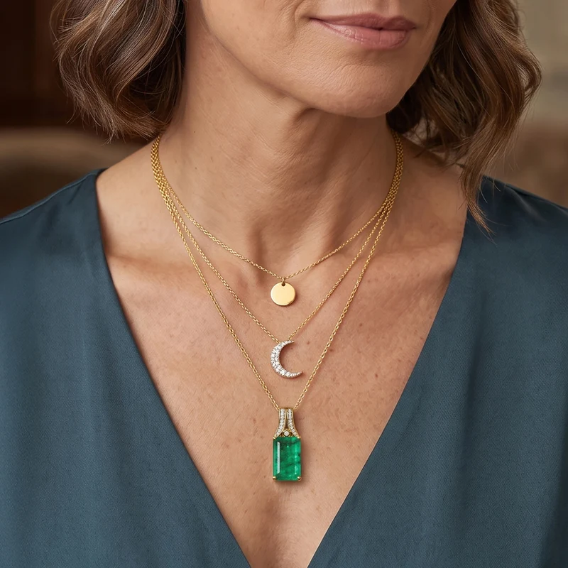 D'Joy Smaragd-Quarz Triplette, Weißer Zirkon Schmuckset ca. 50 cm 925 Silber 750 Gelbgold vermeil ca. 8,80 ct.