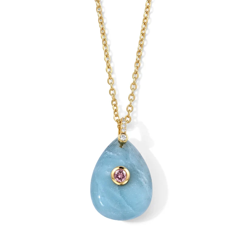 Amazonit, Kristall und Zirkonia Anhänger mit 50cm Kette, Messing - 20 ct.