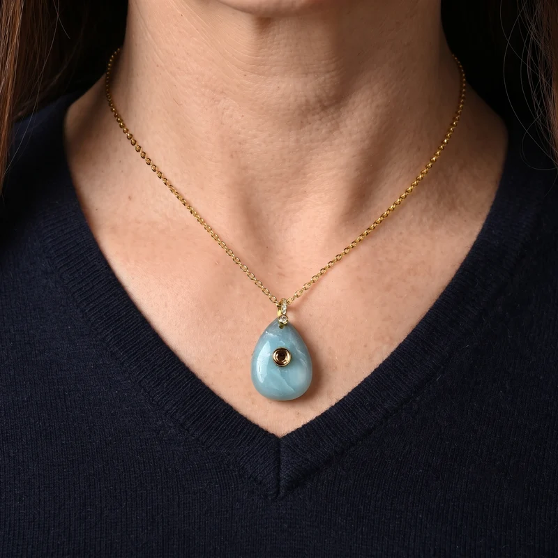 Amazonit, Kristall und Zirkonia Anhänger mit 50cm Kette, Messing - 20 ct.