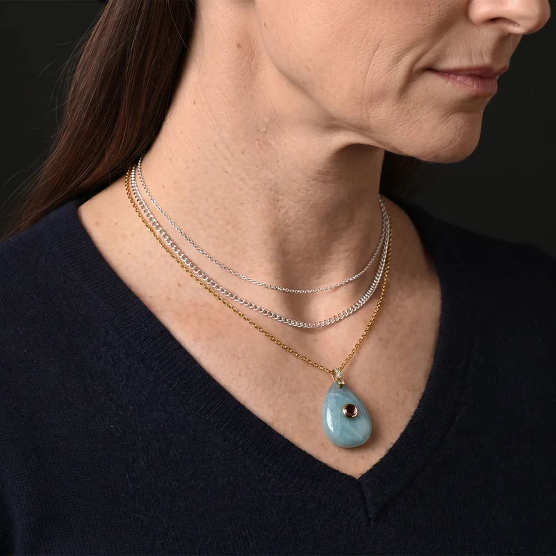 Amazonit, Kristall und Zirkonia Anhänger mit 50cm Kette, Messing - 20 ct.