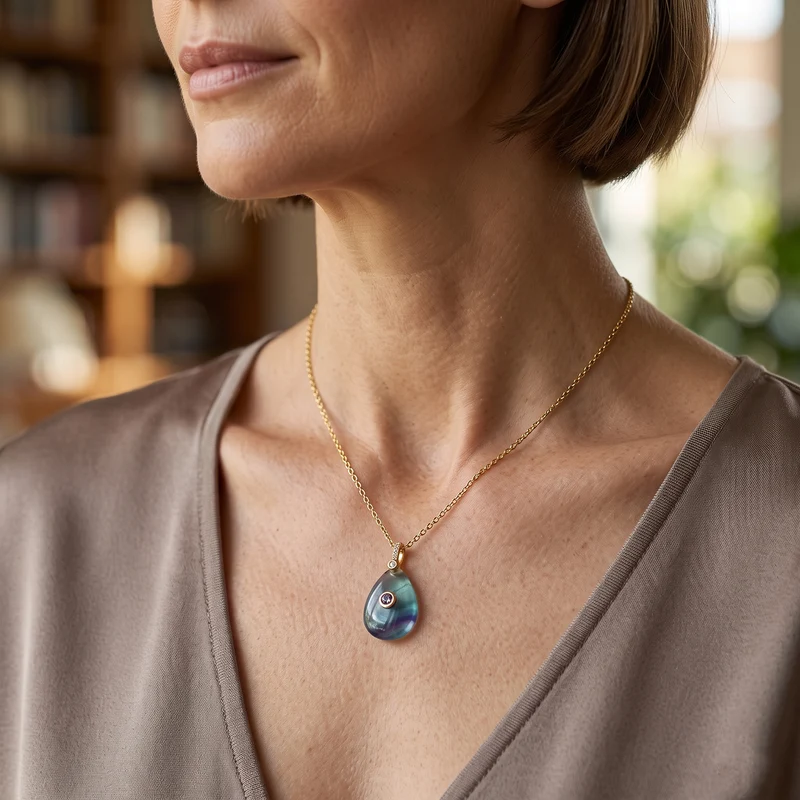 Amazonit, Kristall und Zirkonia Anhänger mit 50cm Kette, Messing - 20 ct.