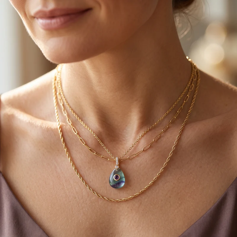 Amazonit, Kristall und Zirkonia Anhänger mit 50cm Kette, Messing - 20 ct.