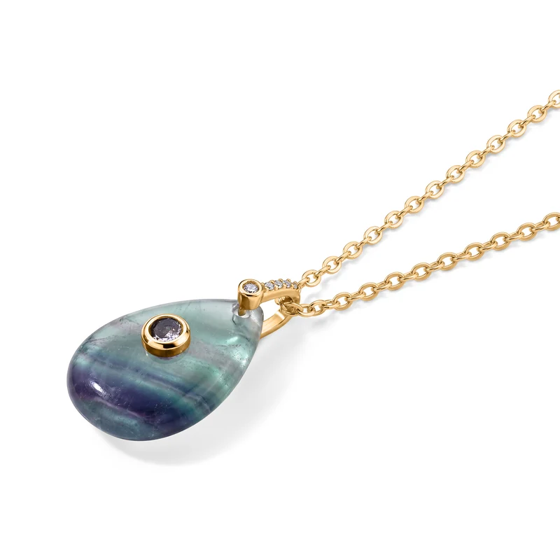 Amazonit, Kristall und Zirkonia Anhänger mit 50cm Kette, Messing - 20 ct.