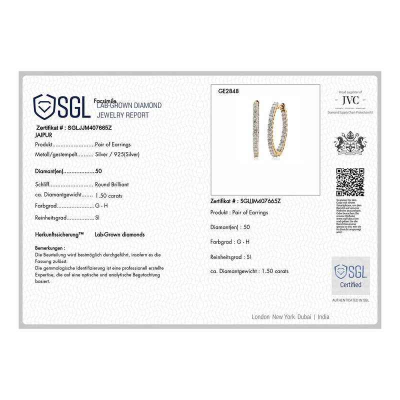 LUXURIANT SGL zertifizierte SI-GH Labor Diamant Ohrringe, 925 Silber 750 Gelbgold Vermeil - 1,50 ct.