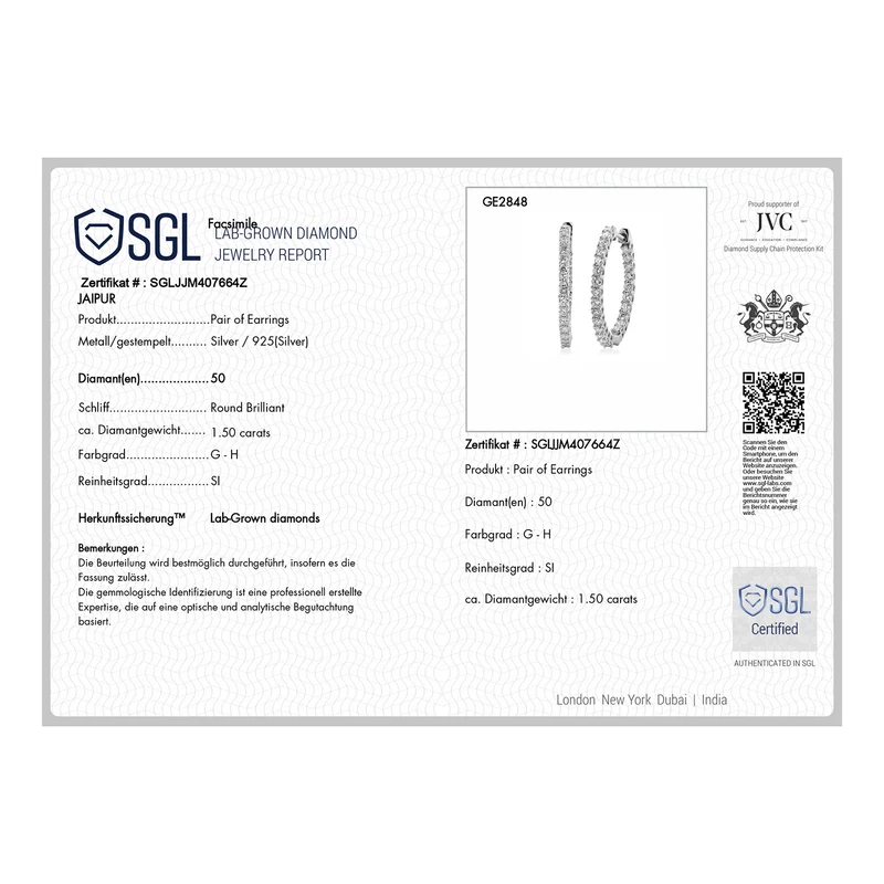 LUXURIANT SGL zertifizierte SI-GH Labor Diamant Ohrringe, 925 Silber 750 Gelbgold Vermeil - 1,50 ct.