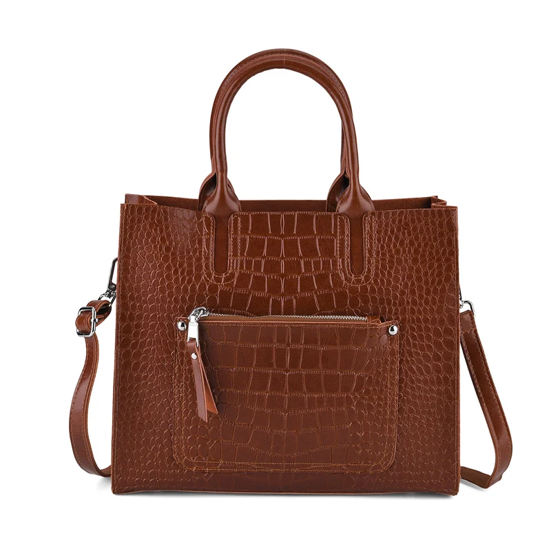 Henkeltasche aus Echtleder mit Krokoprägung, Schulterriemen und Reißverschlussfach, 33x12x28cm, Grau