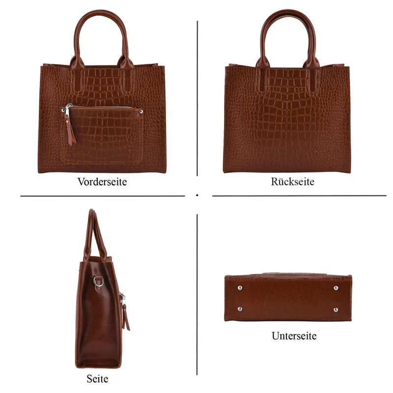 Henkeltasche aus Echtleder mit Krokoprägung, Schulterriemen und Reißverschlussfach, 33x12x28cm, Grau