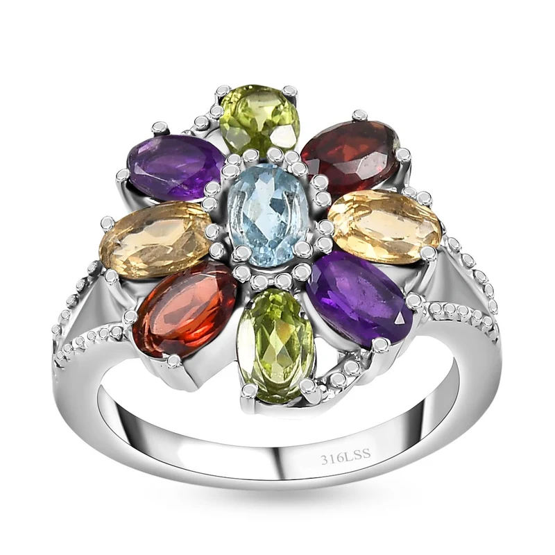 5er Set- Mehrfarbiger Ring, Armband, Ohrringe und Anhänger mit Kette, Schmuckset, Größe (16.00), Edelstahl ca. 22.40 ct
