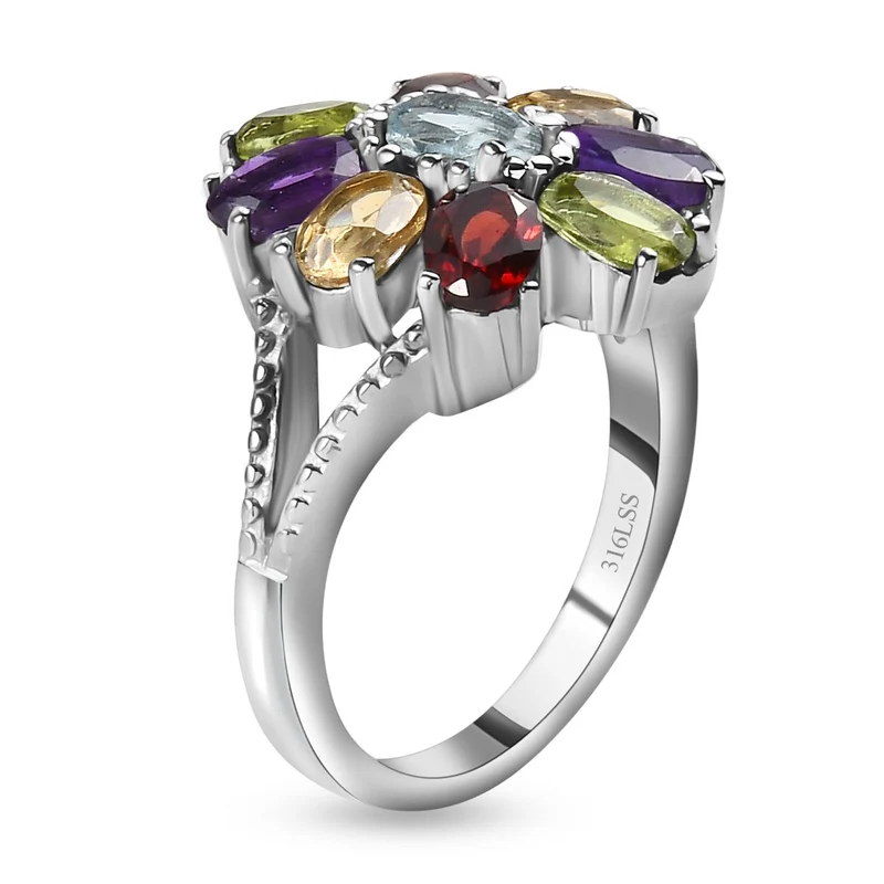 5er Set- Mehrfarbiger Ring, Armband, Ohrringe und Anhänger mit Kette, Schmuckset, Größe (16.00), Edelstahl ca. 22.40 ct