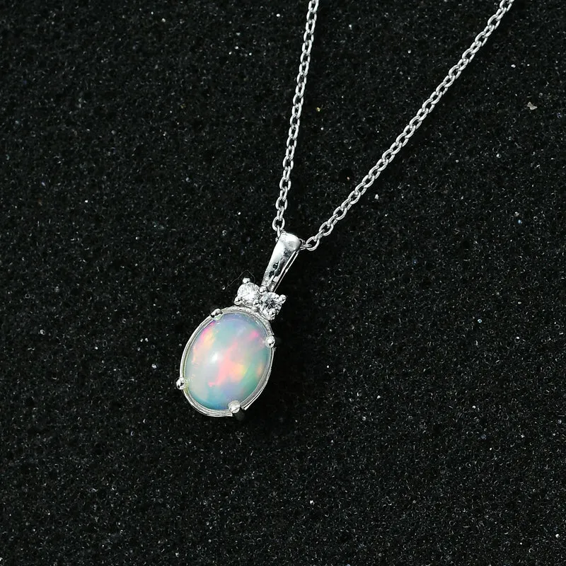 AA Natürlicher, äthiopischer Welo Opal, Weißer Zirkon Schmuckset 925 Silber platiniert ca. 1,21 ct.