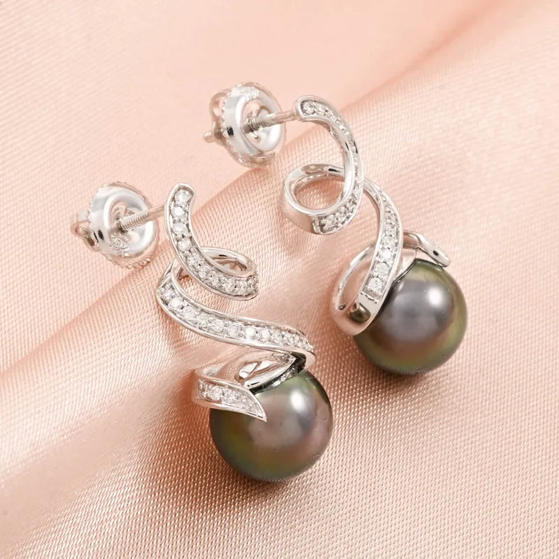 AAA Tahiti Perle (8.5-9 mm), Weißer Diamant Ohrringe 750 Gold