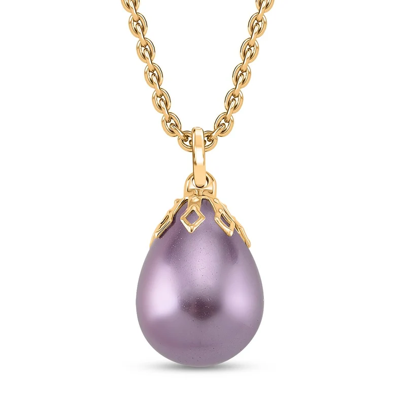 3er Set - Goldene Muschelkernperle Anhänger mit Kette und Ohrringe, Messing und Edelstahl