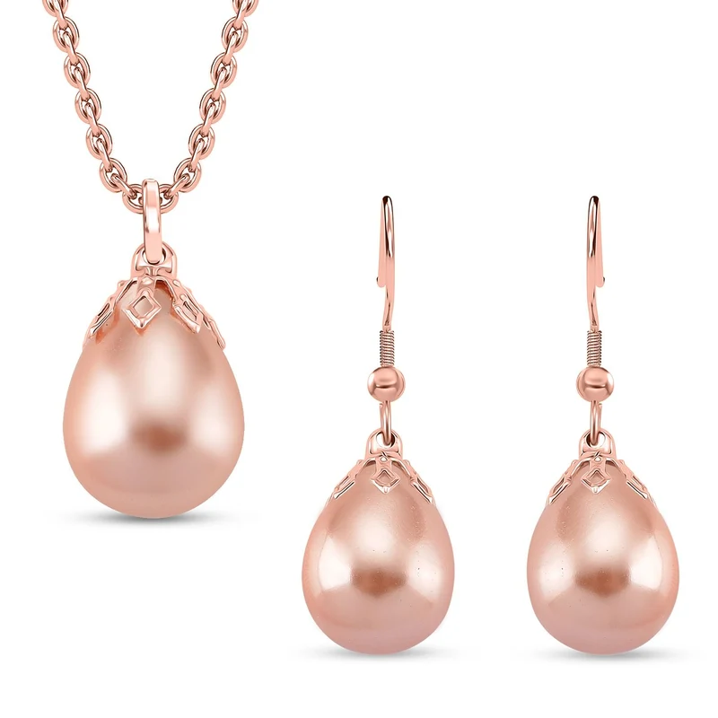3er Set - Goldene Muschelkernperle Anhänger mit Kette und Ohrringe, Messing und Edelstahl