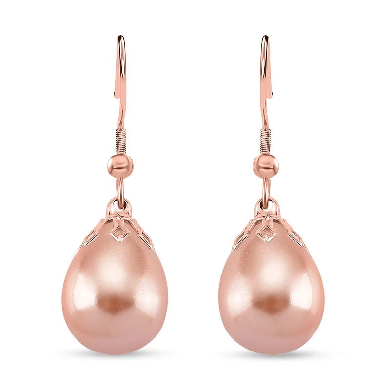 3er Set - Goldene Muschelkernperle Anhänger mit Kette und Ohrringe, Messing und Edelstahl