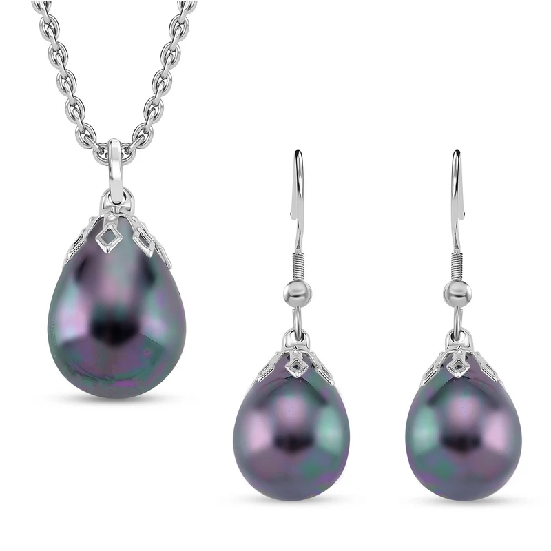 3er Set - Goldene Muschelkernperle Anhänger mit Kette und Ohrringe, Messing und Edelstahl