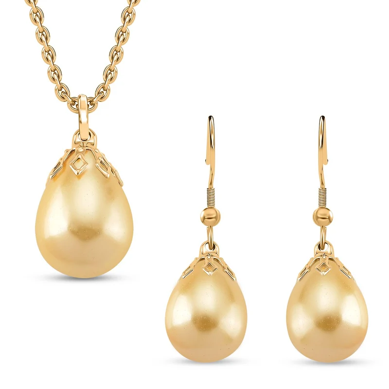 3er Set - Goldene Muschelkernperle Anhänger mit Kette und Ohrringe, Messing und Edelstahl