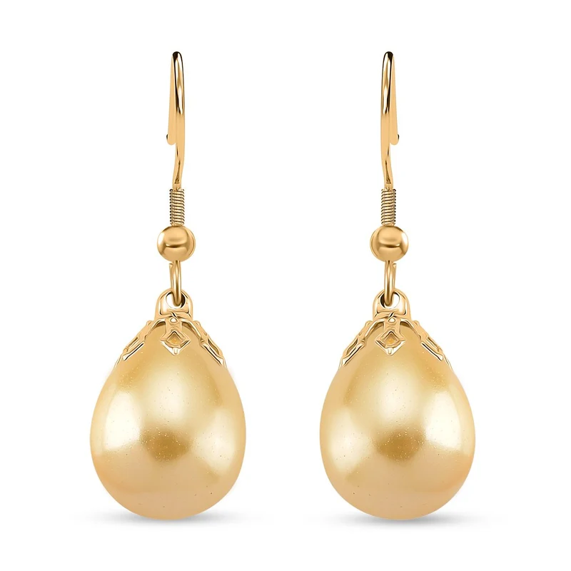 3er Set - Goldene Muschelkernperle Anhänger mit Kette und Ohrringe, Messing und Edelstahl