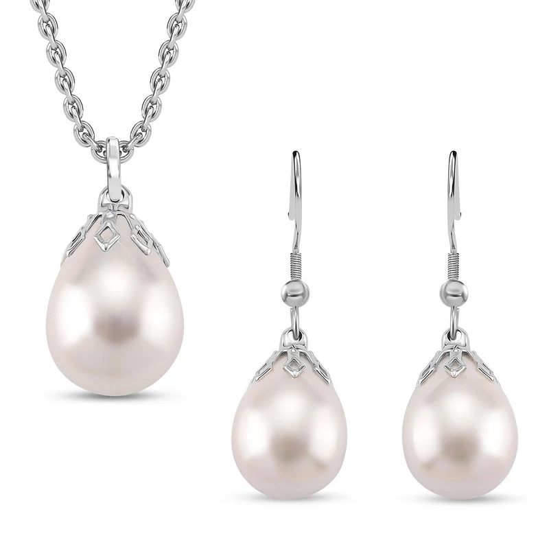 3er Set - Goldene Muschelkernperle Anhänger mit Kette und Ohrringe, Messing und Edelstahl