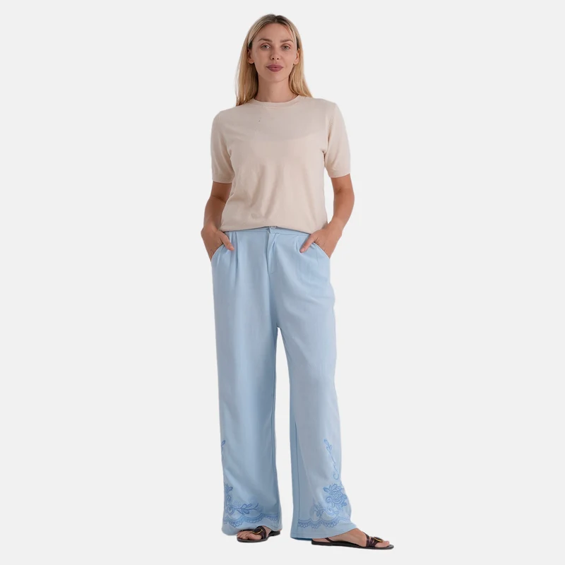 LA MAREY Leinenhose mit Stickerei, 70% Leinen und 30% Baumwolle, EU 40/42, Größe L, Hellblau