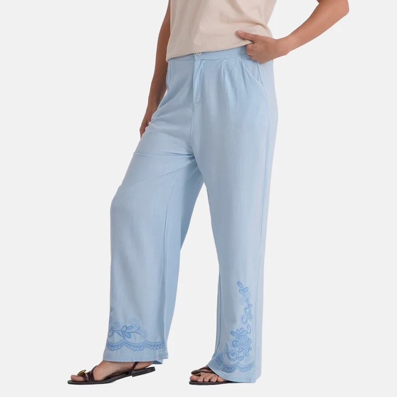 LA MAREY Leinenhose mit Stickerei, 70% Leinen und 30% Baumwolle, EU 40/42, Größe L, Hellblau