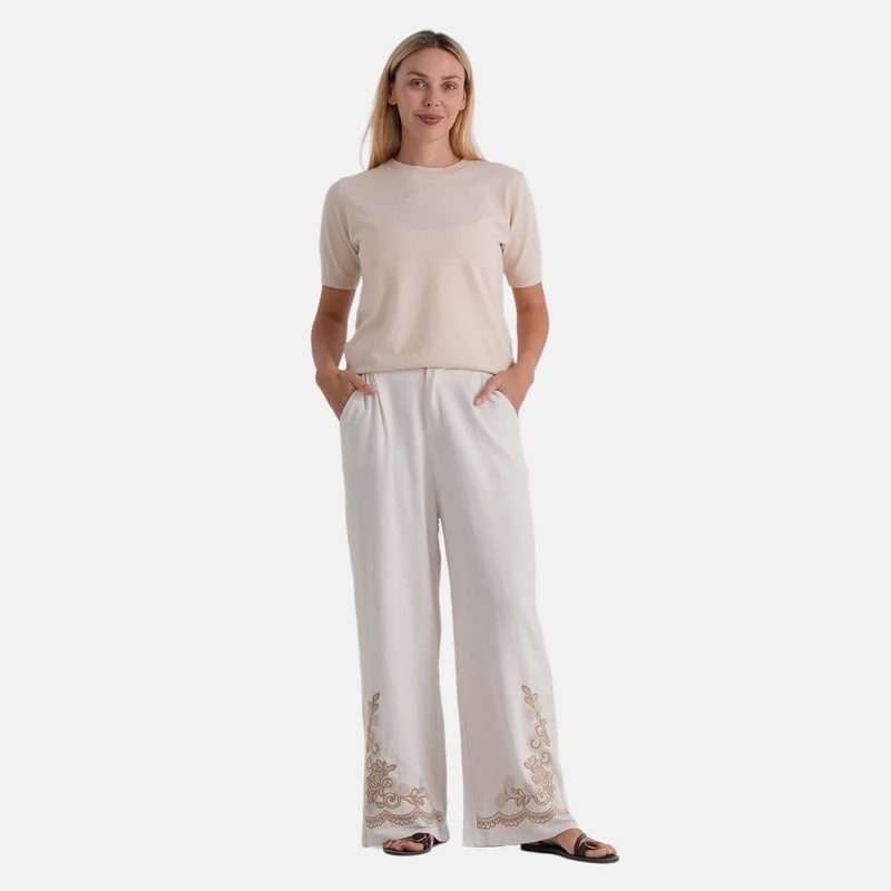 LA MAREY Leinenhose mit Stickerei, 70% Leinen und 30% Baumwolle, EU 40/42, Größe L, Beige
