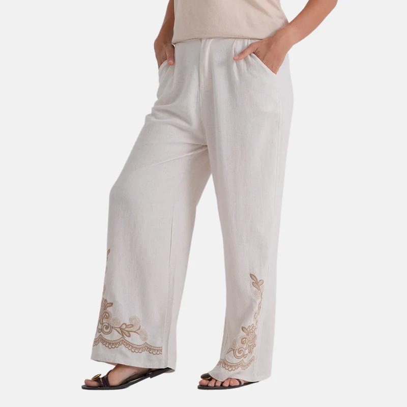 LA MAREY Leinenhose mit Stickerei, 70% Leinen und 30% Baumwolle, EU 40/42, Größe L, Beige