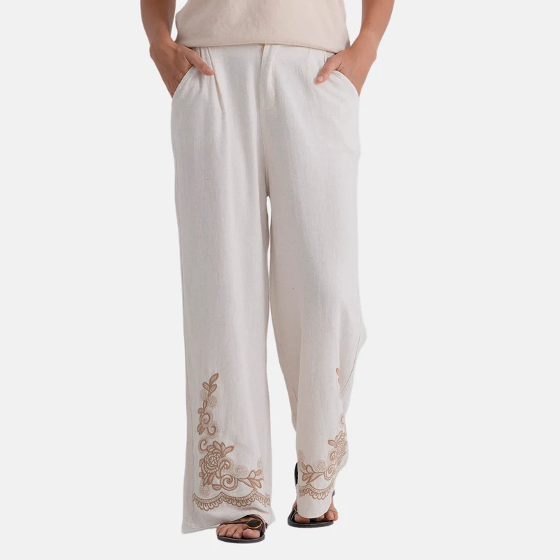 LA MAREY Leinenhose mit Stickerei, 70% Leinen und 30% Baumwolle, EU 40/42, Größe L, Beige