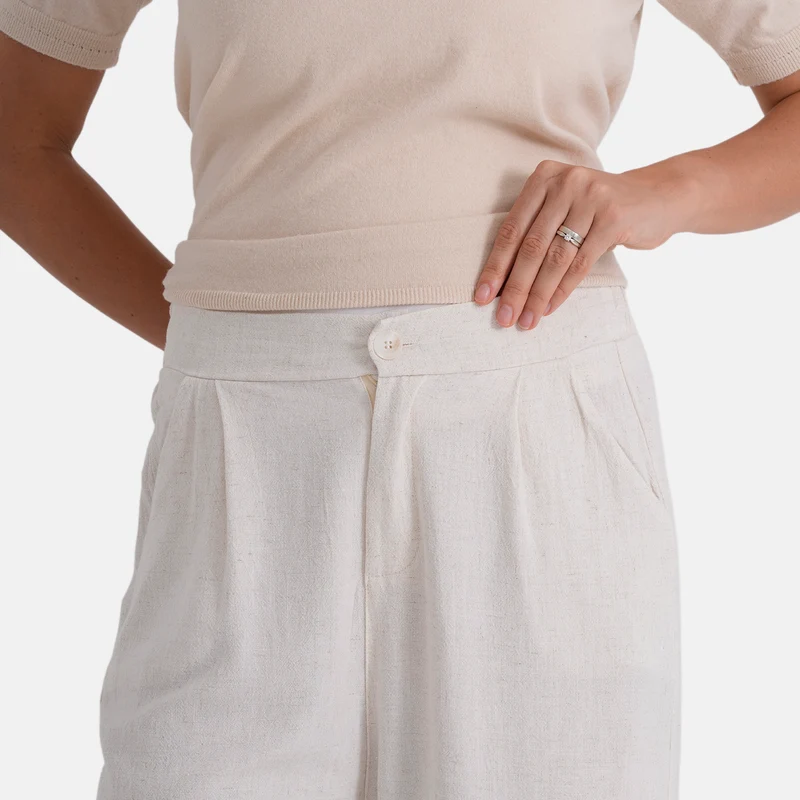 LA MAREY Leinenhose mit Stickerei, 70% Leinen und 30% Baumwolle, EU 40/42, Größe L, Beige