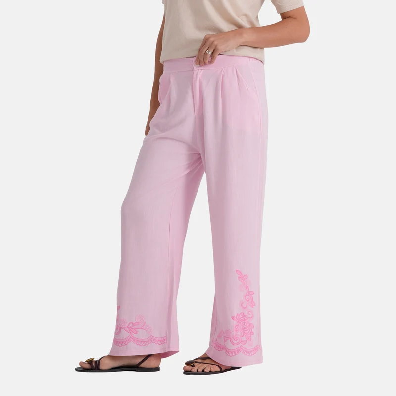 LA MAREY Leinenhose mit Stickerei, 70% Leinen und 30% Baumwolle, EU 38/40, Größe M, Hellrosa