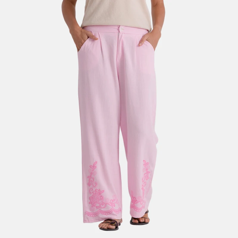 LA MAREY Leinenhose mit Stickerei, 70% Leinen und 30% Baumwolle, EU 38/40, Größe M, Hellrosa
