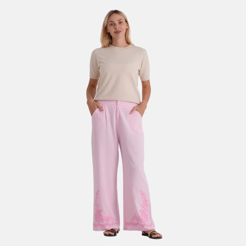 LA MAREY Leinenhose mit Stickerei, 70% Leinen und 30% Baumwolle, EU 38/40, Größe M, Hellrosa