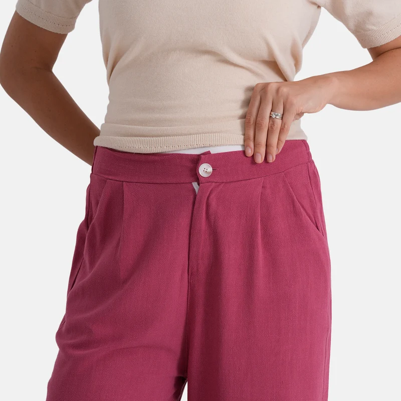 LA MAREY Leinenhose mit Stickerei, 70% Leinen und 30% Baumwolle, EU 40/42, Größe L, Burgunderrot
