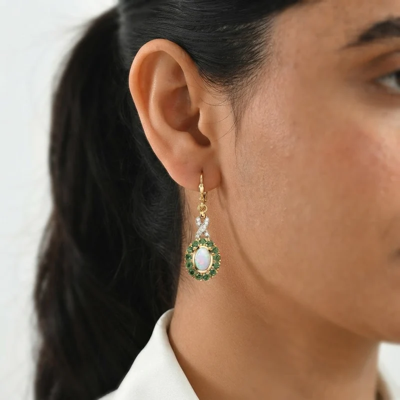 D'Joy AAA Natürlicher, äthiopischer Welo Opal, Kagem Sambischer Smaragd Ohrringe 925 Silber 585 Vergoldet ca. 1.59 ct