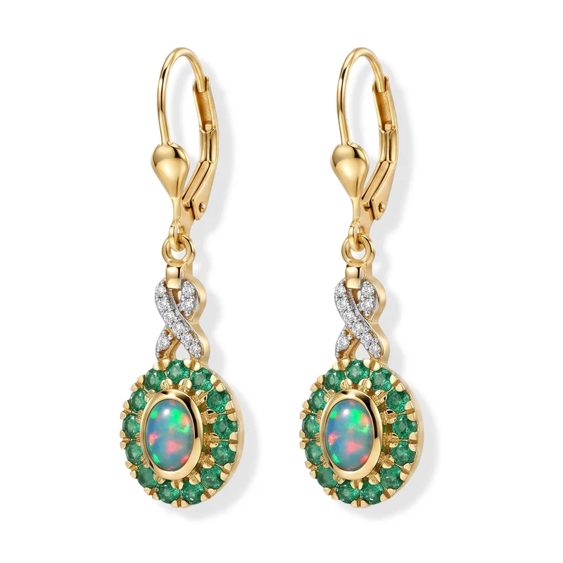 D'Joy AAA Natürlicher, äthiopischer Welo Opal, Kagem Sambischer Smaragd Ohrringe 925 Silber 585 Vergoldet ca. 1.59 ct