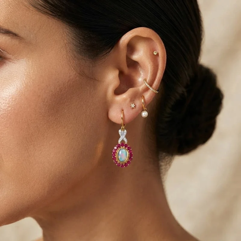 D'Joy AAA Natürlicher, äthiopischer Welo Opal, Kagem Sambischer Smaragd Ohrringe 925 Silber 585 Vergoldet ca. 1.59 ct